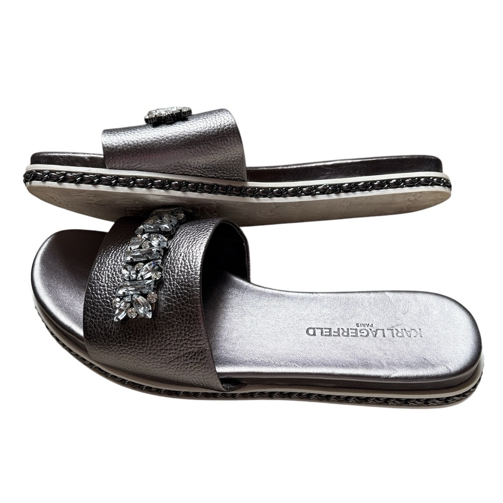 Karl‎ Lagerfeld Paris Bijou Embellished Slide Sandal Silver Size 8.5 EUC
